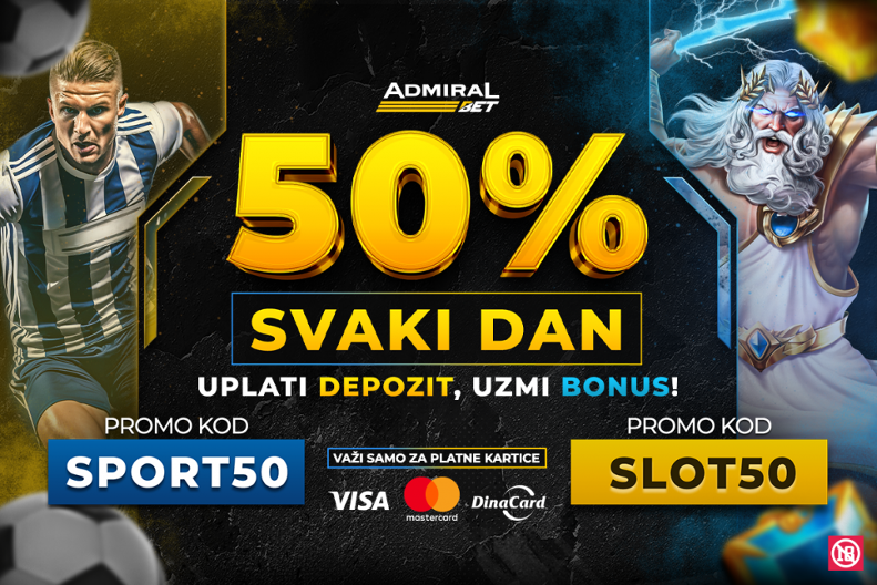 ADMIRALBET VAM POKLANJA 50% BONUSA SVAKOG DANA Od sada svaki dan počinje bonusom – slot ili sport, vi birate!